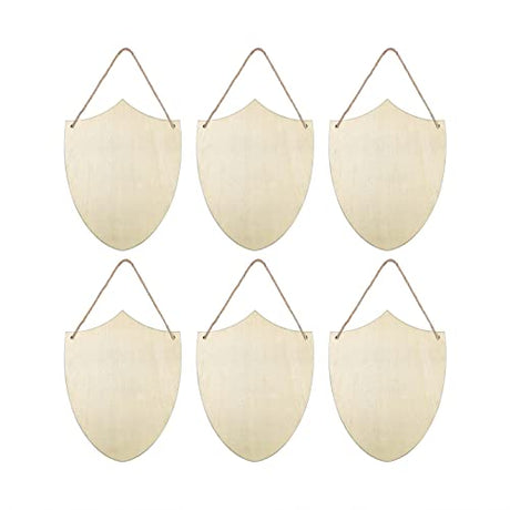 6pcs Wooden Shield Shapes Wood Sign Blank Hanging Wooden Plaque Unfinished Wood Cutouts DIY Craft Project Ornaments for Father's Day Halloween JANOU