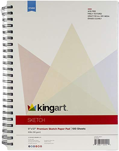 KINGART 9" x 12" Spiral Bound Sketch Book Pad, 100 Sheets, 60lb (90gsm) - Artist Sketching Drawing Pad, Acid-Free - Graphite Colored Pencils, - WoodArtSupply