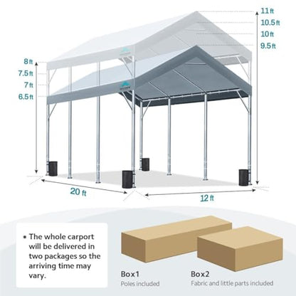 ADVANCE OUTDOOR 12x20 ft Heavy Duty Carport Car Canopy Garage Boat Shelter Party Tent, Adjustable Peak Height from 9.5ft to 11ft, Silver Gray - WoodArtSupply