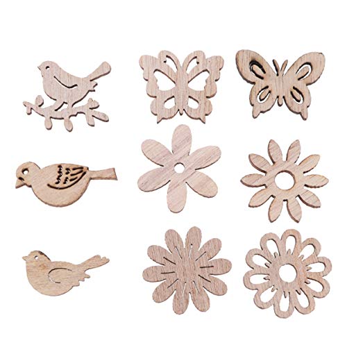 Happyyami 100pcs Unfinished Wood Cutouts Wooden Flower Butterfly Bird Embellishments Table Confetti Rustic Wedding Decorations DIY Wood Craft Happyyami