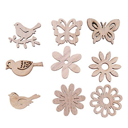 Happyyami 100pcs Unfinished Wood Cutouts Wooden Flower Butterfly Bird Embellishments Table Confetti Rustic Wedding Decorations DIY Wood Craft