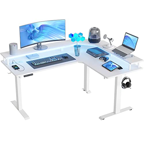 FEZIBO 63" Triple Motor L Shaped Standing Desk with LED Strip & Power Outlets, Height Adjustable Stand up Corner Gaming Desk with Ergonomic Monitor - WoodArtSupply