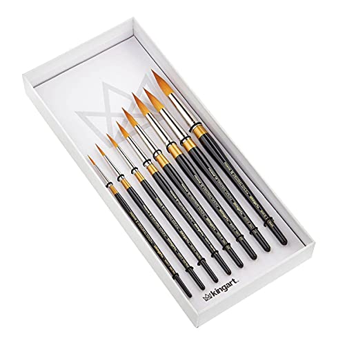 KINGART Premium Original Gold Series Handcrafted Golden Taklon Multimedia Artist Brushes, Gift Box, Set of 10, Black Gloss Handle, for Oil, Acrylic, KINGART