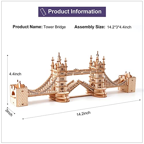 ROBOTIME 3D Puzzle Wooden Craft Kits with LED Light DIY Tower Bridge Construction Model Kit to Build for Teens Brain Teaser Puzzle Home Decor