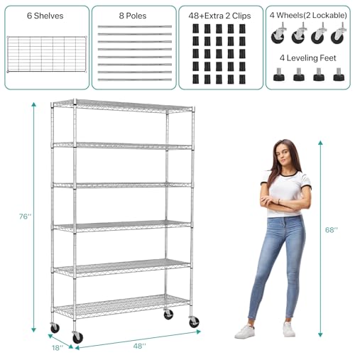 YRLLENSDAN 6000Lbs Capacity Adjustable Storage Shelves Heavy Duty Shelving Unit 6 Tier Metal Shelving with Wheels NSF Wire Shelving (48" W x 18" D x YRLLENSDAN