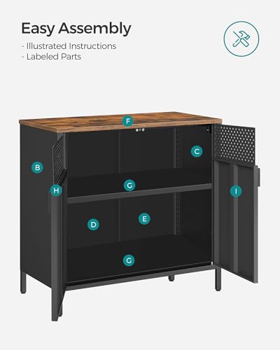 SONGMICS Storage Sideboard, Buffet Table with Adjustable Shelves, Floor Storage Cupboard, Steel Frame, Rustic Brown and Black ULSC102B01