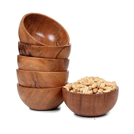 LAVAUX DESIGNS Set of 6 small acacia wood dessert bowls 4.2 * 2 inches | 8 oz capacity | Charcuterie accessories | use for dipping, condiments, nuts, LAVAUX DESIGNS