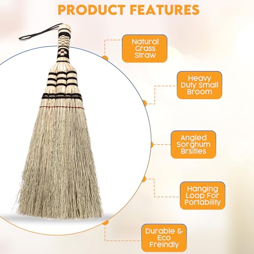 12 Inch Traditional Sorghum Whisk Broom Handmade Multi -Surface Sweeping Driveways, Sidewalk, Remove Dust and Dirt from Porches - WoodArtSupply