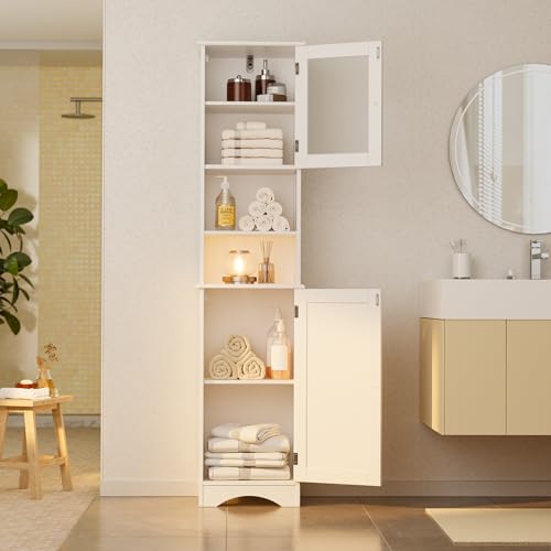 Gizoon 67.1" Tall Bathroom Storage Cabinet with Adjustable Shelves, Narrow Tall Linen Tower with Open Shelves, 2 Doors Freestanding Cabinet with