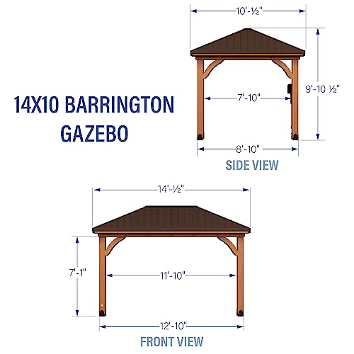 Backyard Discovery Barrington 14 ft. x 10 ft. Hip Roof Cedar Wooden Gazebo Pavilion, Shade, Rain, Hard Top Steel Metal Roof, All Weather Protected,