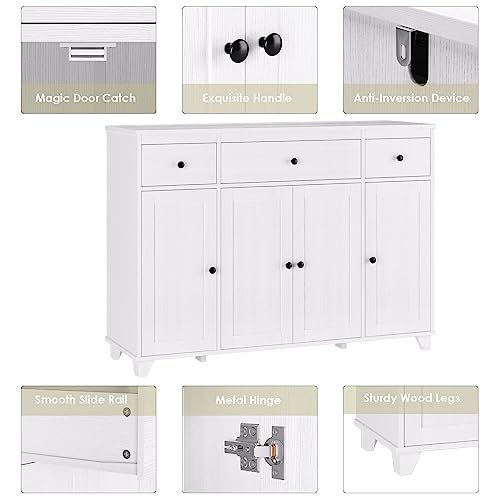 HIFIT Buffet Cabinet White Sideboard Storage Cabinet with 3 Drawers & 4 Doors Adjustable Shelves, 47” Modern Coffee Bar Cabinet, Wood Accent Cabinet HIFIT