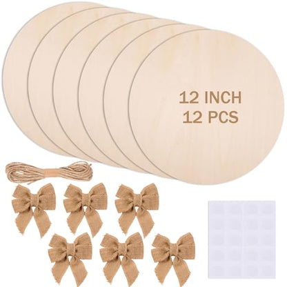 12 Pack 12 Inch Wood Circles for Crafts Unfinished Round Wood Discs Blank Wood Rounds Slices Wooden Round Door Hanger Sign with Bows, Twine, Glue