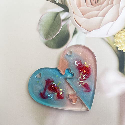 Szecl 3Pcs Heart Puzzle Keychain Silicone Mold Couples Pendant Heart Lover Puzzle Resin Casting Mold with Hole for DIY Jewelry Making Tool Jigsaw