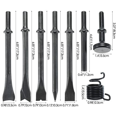 8pcs Smoothing Air Hammer Pneumatic Chisels Tools, 7pcs 0.401'' (10mm) Shank Heavy Duty Pneumatic Air Hammer Chisels High Carbon Steel Accessories YaeKoo
