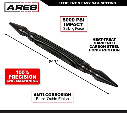 ARES 10016 – Dual Head Combo Nail Setter – Features 1/32-Inch (#1) and 1/16-Inch (#2) Dual Head Design – CNC-Precision Machined - 5000 PSI Striking - WoodArtSupply