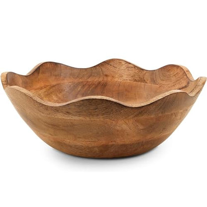Mela Artisans Wooden Scalloped Bowl - Large | Ruffle Decorative Style | Rustic Kitchen Decor | Mango Wood | Natural Grain Finish | Fits Bread,