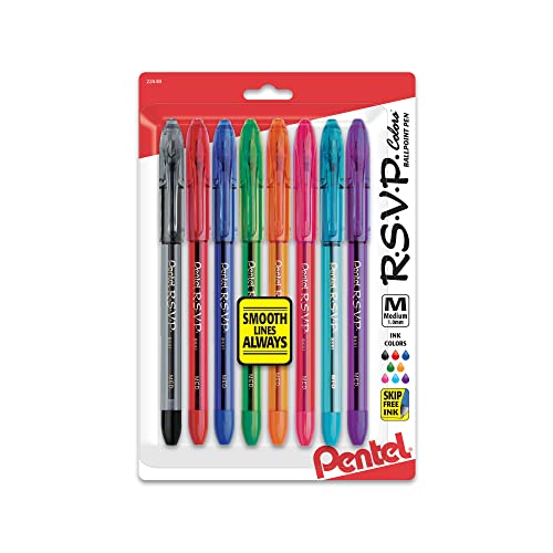 Pentel® R.S.V.P.® Ballpoint Pens, Medium Point, 1.0 mm, Clear Barrel, Assorted Ink Colors, Pack Of 8 - WoodArtSupply