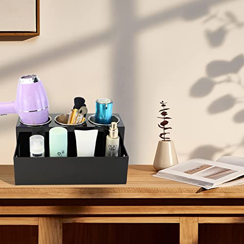 PITBVO Hair Tool Organizer, Black Acrylic Hair Dryer Holder with 3 Cups, Bathroom Supplies Countertop Blow Dryer Holder, Vanity Caddy Storage Stand PITBVO