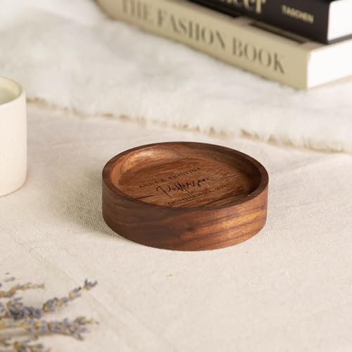 MUUJEE Personalized Walnut Wood Round Ring Tray Dish Jewelry Organizer for Small Items Bracelets Christmas Holiday Engagement Anniversary Wedding - WoodArtSupply