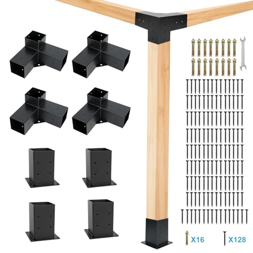 Aikosin Gazebo Brackets Kit,Pergola Brackets Kit 4x4(Actual: 3.5x3.5'') 3-Way Right Angle Corner Bracket with Pergola Post Base,Patio Pergolas, Log - WoodArtSupply