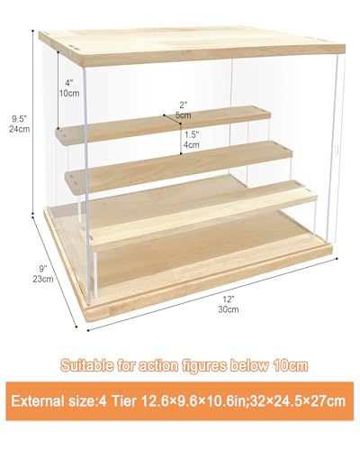 AZEYN Clear Acrylic Display Case with Light , 4 Tier Display Box Stand Assembly Dustproof Protection Showcase for Collectibles Action Figures Mini AZEYN