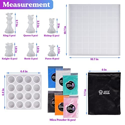 LET'S RESIN Chess Molds for Resin Casting, Upgraded Resin Chess Set Mold with 16 Piece 3D Full Size Chess Checkers & Chess Board Epoxy Silicone Resin