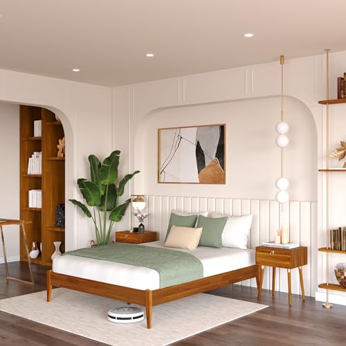 Bme Dinkee Solid Wood Queen Bed Frame - Modern Minimalist Design with Wood Slat Support Bme