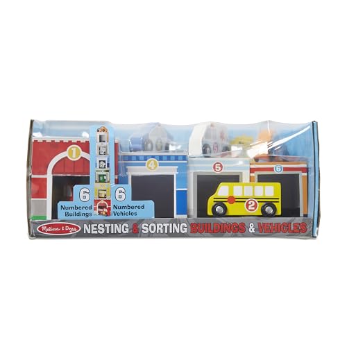 Melissa & Doug Nesting and Sorting Blocks - 6 Buildings, 6 Wooden Vehicles - Numbers Learning, Car Garage, Sorting And Stacking Toys For Toddlers Melissa & Doug