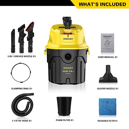Stanley SL18910P-3 Wet/Dry, 3 Gallon, 3 Horsepower, Portable Car Vacuum, 3.0 HP AC, Black+Yellow Stanley
