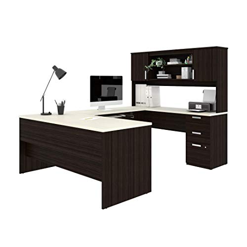 Bestar Ridgeley U-Shaped Executive Desk with Pedestal and Hutch in, 65W, White Chocolate