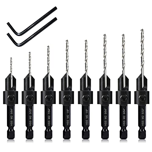 8 Pack Woodworking Countersink Drill Bits Set 3in1, Heavy Duty M2 Pilot Drill Bits Depth Adjustable, 82-Degree Chamfer, 1/4” Hex Shank, for