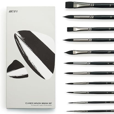 ARTIFY 12 PCS Watercolor Brushes, Synthetic Nylon Paint Brushes for Watercolor, Acrylic, Gouache & Oil Painting, Includes Detail Paint Brushes, ARTIFY art supplies