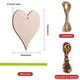 24 Pieces 4 Inch Natural Handmade Blank Wooden Heart Slices with Holes with 2m Natural Rope and 15 Colors 3 mm High Density Polyester Ribbon for Jetec