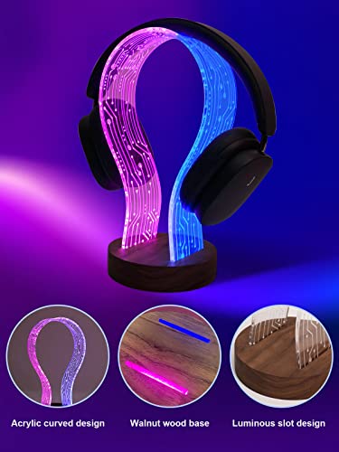 YuanDian Headphone Stand, Walnut Wood Headset Holder with Blue Pink LED Night Light for Gamers, Men, and Music Lovers - Perfect Desk Gift Idea - WoodArtSupply