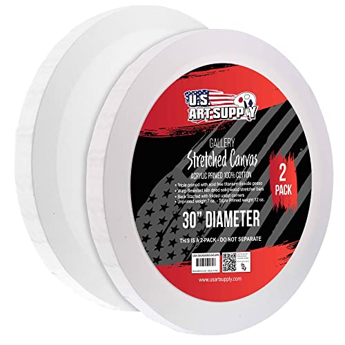 U.S. Art Supply 30 inch Diameter Round Gallery Depth 1-1/2" Profile Stretched Canvas 2-Pack - Acrylic Gesso Triple Primed 12-Ounce 100% Cotton - WoodArtSupply