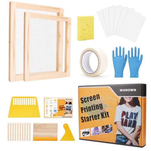 Worown 24 Pack Screen Printing Starter Kit, 2 Different Sizes of Wooden Screen Printing Frame with 110 White Mesh, Including Squeegees, Inkjet