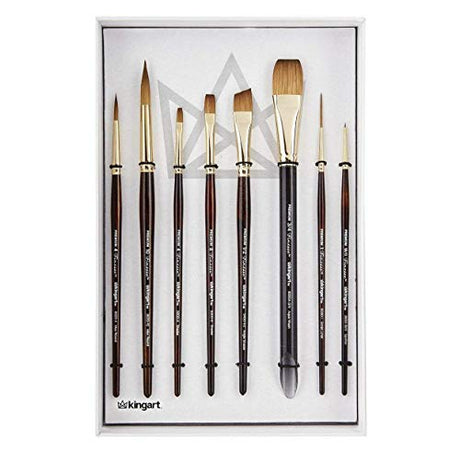 KINGART Finesse Kolinsky Sable Synthetic Blend Premium Watercolor Artist Brushes, Gift Box, Set of 8, Synthetic Brush Hairs, Acrylic Handle, for Oil, KINGART