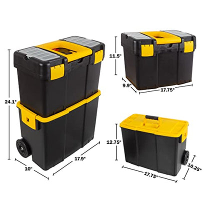 Portable Tool Box with Wheels - Stackable 2-in-1 Tool Chest with Fold-Down Comfort Handles, Tough Latches, and Removable Storage Trays by Stalwart - WoodArtSupply