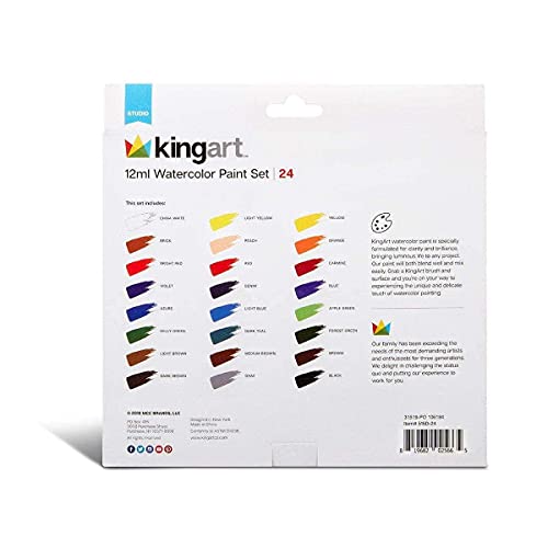 KINGART Studio Watercolor Paint, 12ml (.4oz), Set of 24 Colors KINGART