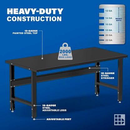 Borroughs® 72" Adjustable Workbench, 12-Gauge Black Painted Steel Top Heavy-Duty Workstation, 2000 LBS Load Capacity Worktable for Workshop, Garage, - WoodArtSupply