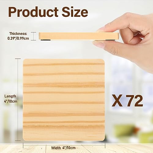 Dandat 72 Pack Unfinished Wood Coasters,4" Square Blank Wooden Coasters for Crafts,Wooden Slices for DIY Painting, Wood Craft Supplies Home Dandat
