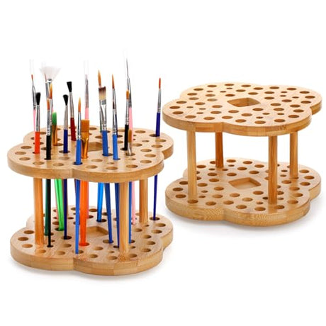 Foraineam 2 Pack Rotating Paint Brush Holder 53 Holes Bamboo Display Drying Stand Artist Paint Brush Organizer Watercolor Brush Stand Rack Paint Foraineam
