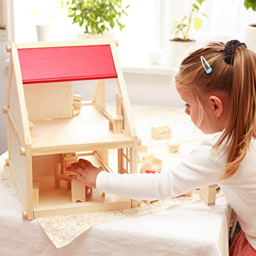Dollhouse for Kids – Classic Pretend Play 2 Story Wood Playset with Furniture Accessories and Dolls for Toddlers, Boys and Girls by Hey! Play!,Brown