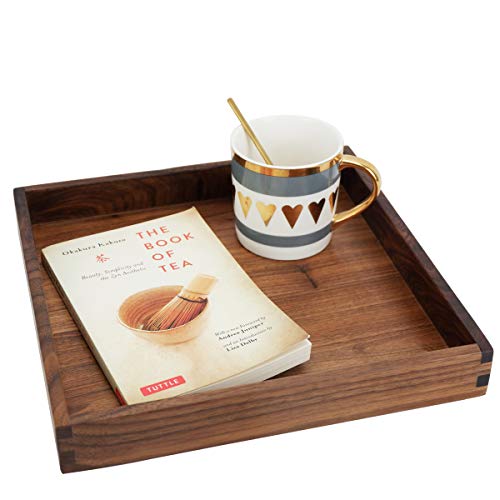 MAGIGO 12 x 12 Inches Small Square Black Walnut Wood Ottoman Tray, Serve Tea, Coffee or Breakfast in Bed, Classic Wooden Decorative Serving Tray MAGIGO