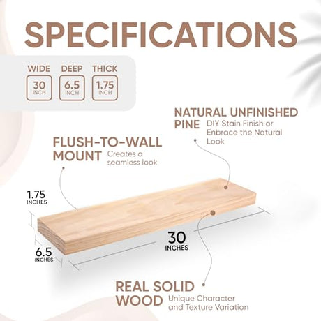 Homeforia Rustic Farmhouse Floating Shelves, Bathroom Wooden Shelves for Wall Mounted, Thick Industrial Kitchen Wood Shelf - 30 x 6.5 x 1.75 inch - Homeforia