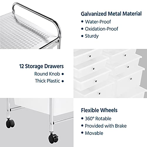 Yaheetech 12 Drawers Rolling Storage Cart Multipurpose Movable Organizer Cart Storage Bin Trolley Tools Scrapbook Paper Organizer on Wheels, White Yaheetech