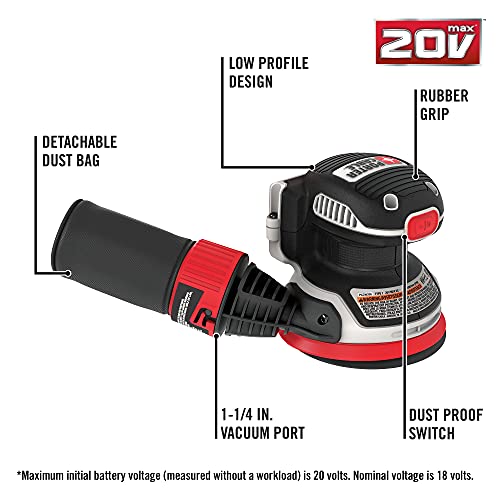 PORTER-CABLE 20V MAX* Random Orbital Sander, Cordless, 5-Inch, Tool Only (PCCW205B) PORTER-CABLE
