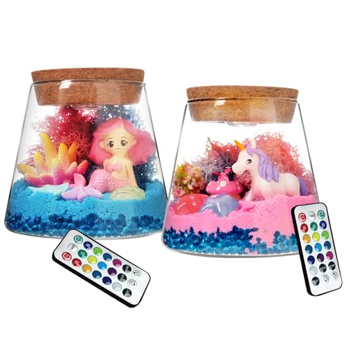 Arthink 2 Pack Unicorn Mermaid Gifts for Girls,DIY Terrarium Arts Craft Kits,Night Light Unicorn Ganden Toys and Mermaid Deep Sea Landscape for