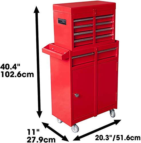 BIG RED ATBT1204R-RED Detachable 4 Drawer Tool Chest with Large Storage Cabinet and Adjustable Shelf, 11" x 20.3" x 40.4" BIG RED
