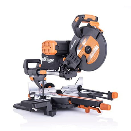 Evolution Power Tools R255SMS-DB+ 10-Inch Dual Bevel Sliding Miter Saw Multi-Material, Multipurpose Cutting Cuts Metal, Plastic, Wood 45˚-45˚ Double Evolution